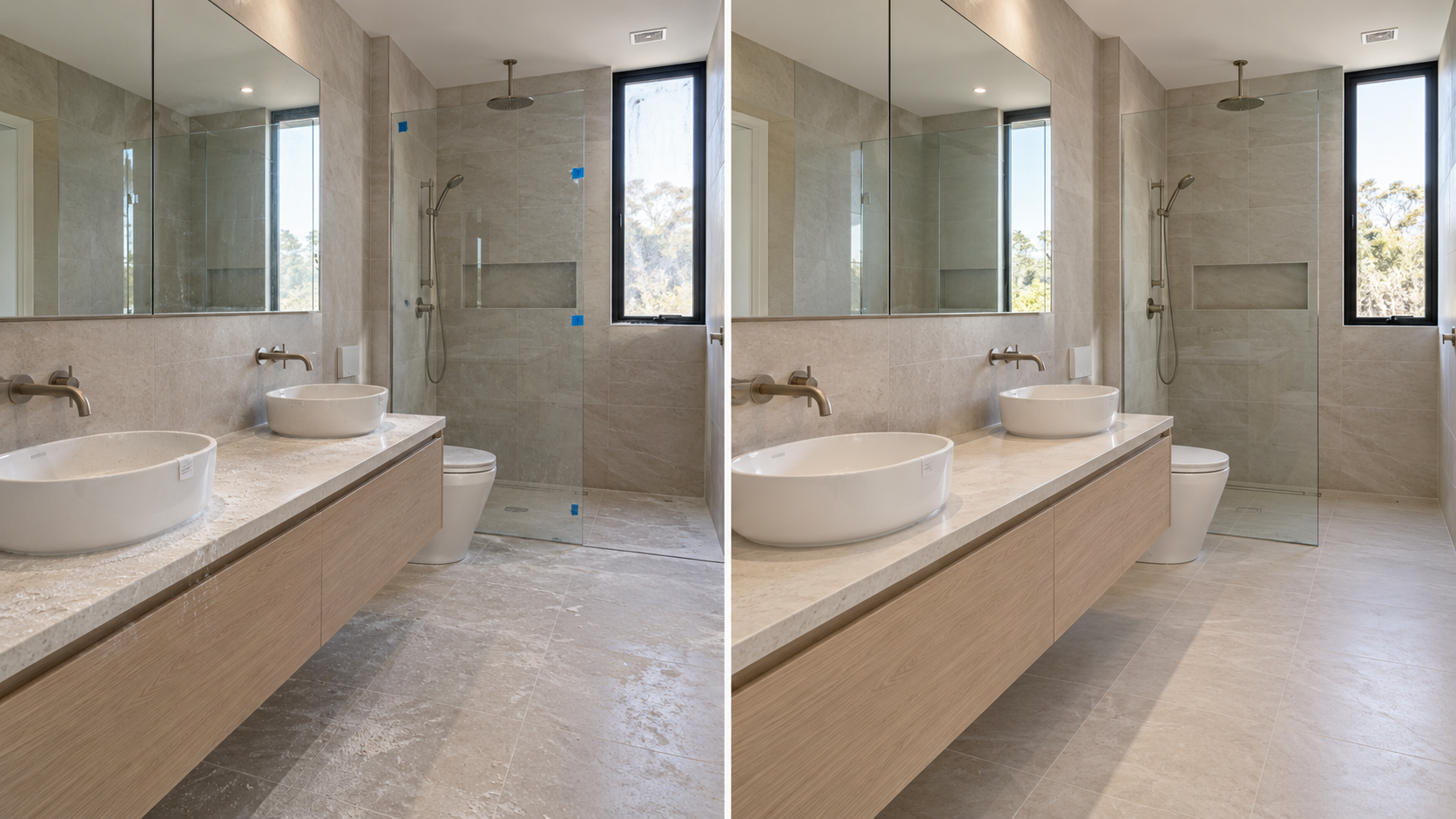 Before and after final construction cleaning in a modern bathroom