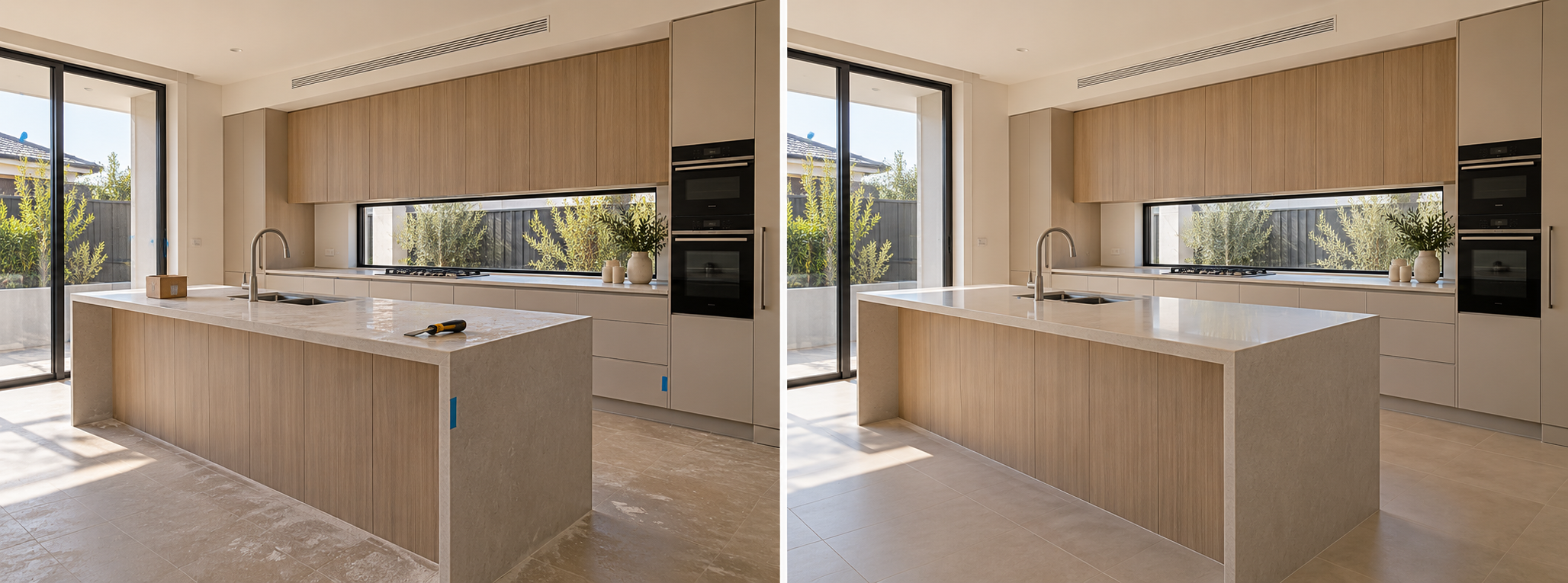 Before and after final construction cleaning in a modern kitchen