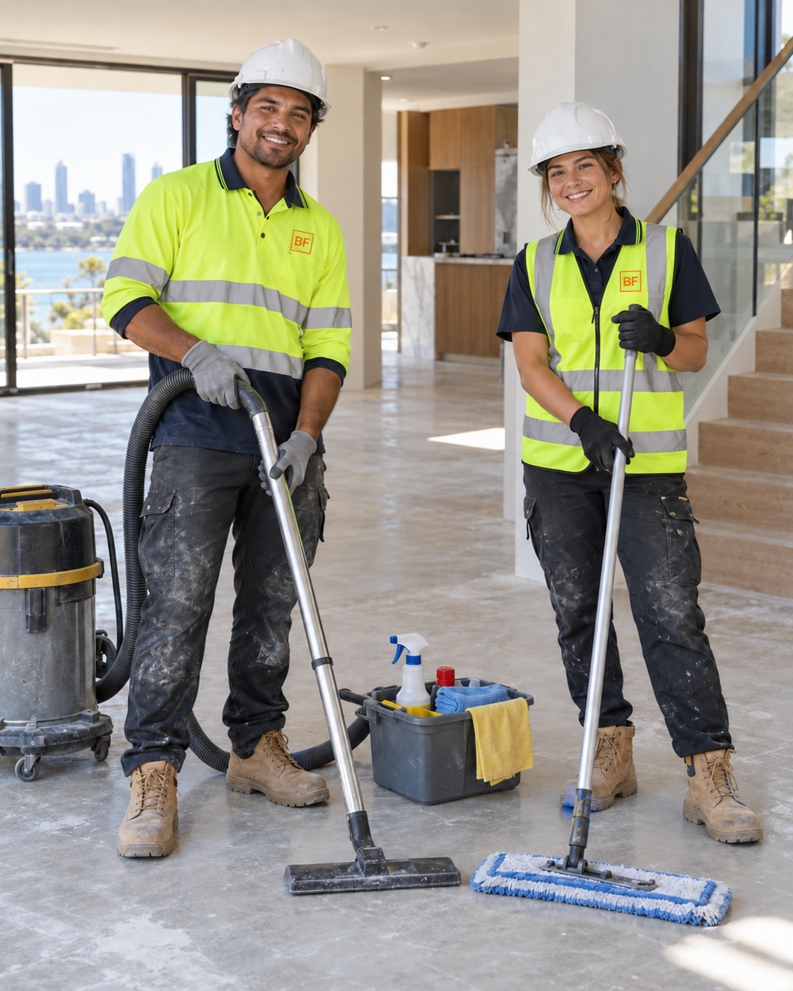 Construction cleaners wearing hard hats, high visibility clothing, gloves and safety boots with professional equipment