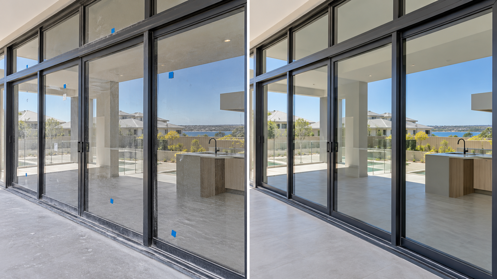 Before and after final construction cleaning of windows and glass doors